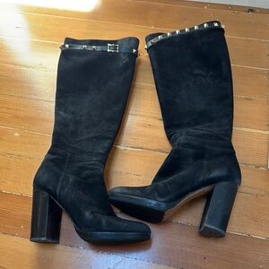 Valentino Garavani Black Suede Knee-High Boots with Gold Stud Band